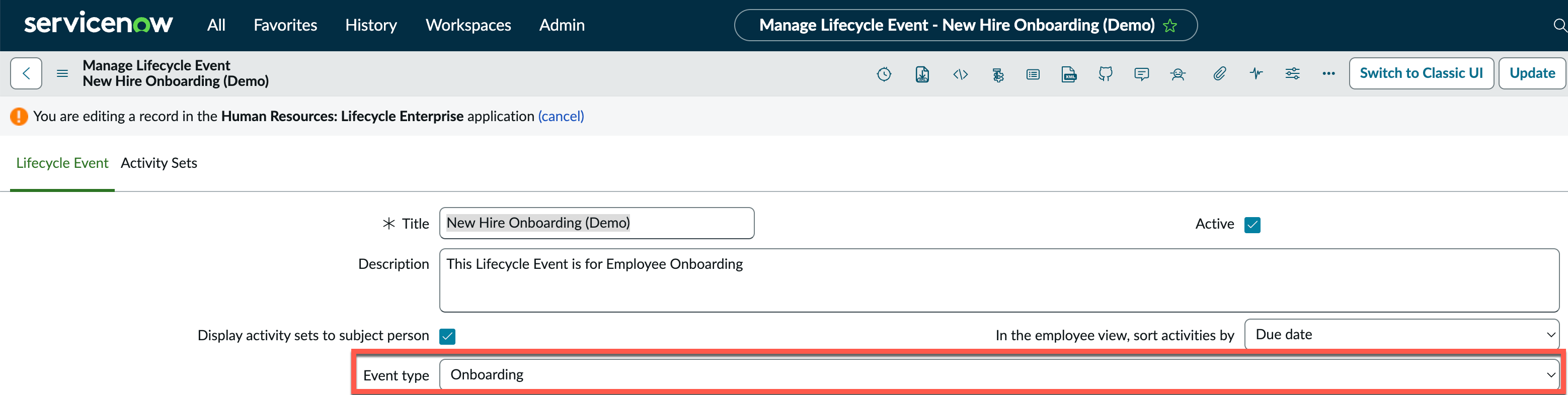 Set the Event type field to Onboarding.