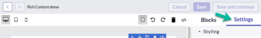 Settings tab on the side of the canvas has styling configurations