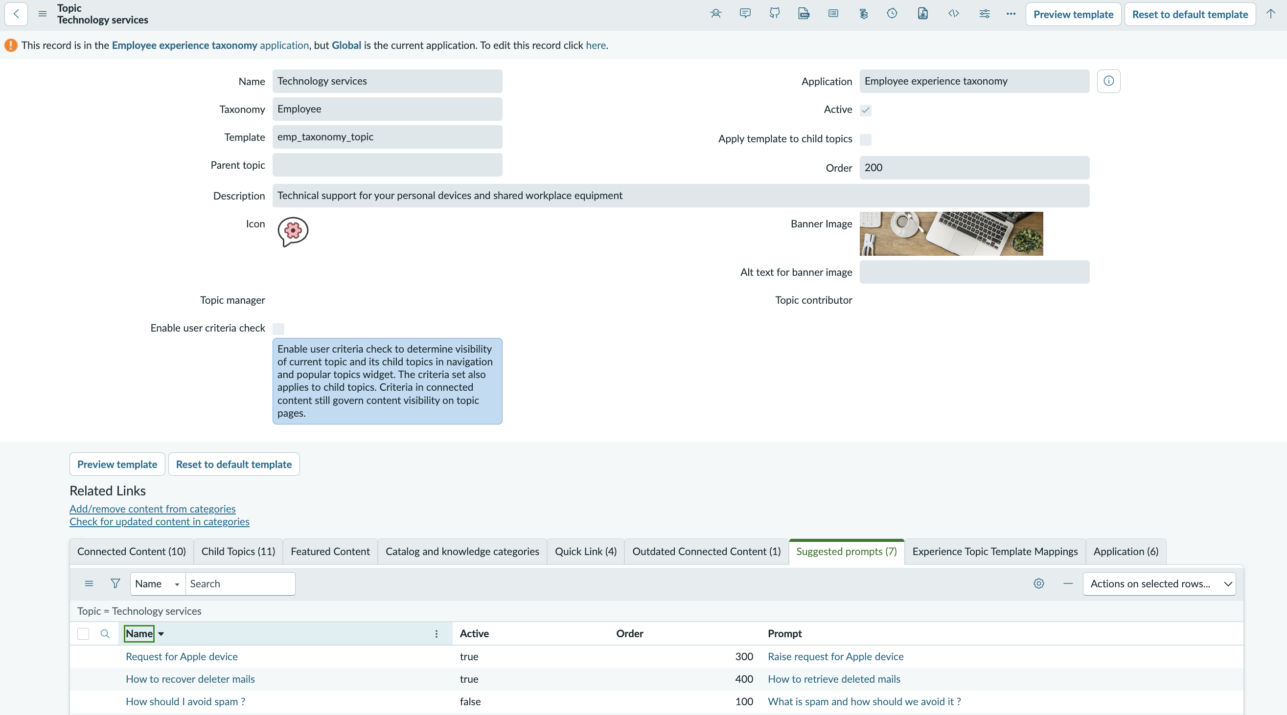 Topic record Suggested prompts related list showing entries for label, active status, order, and prompt text.