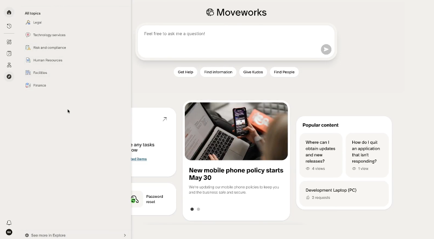 Explore flyout panel listing root topics such as Legal, Technology services, and Human Resources, with quick action buttons.