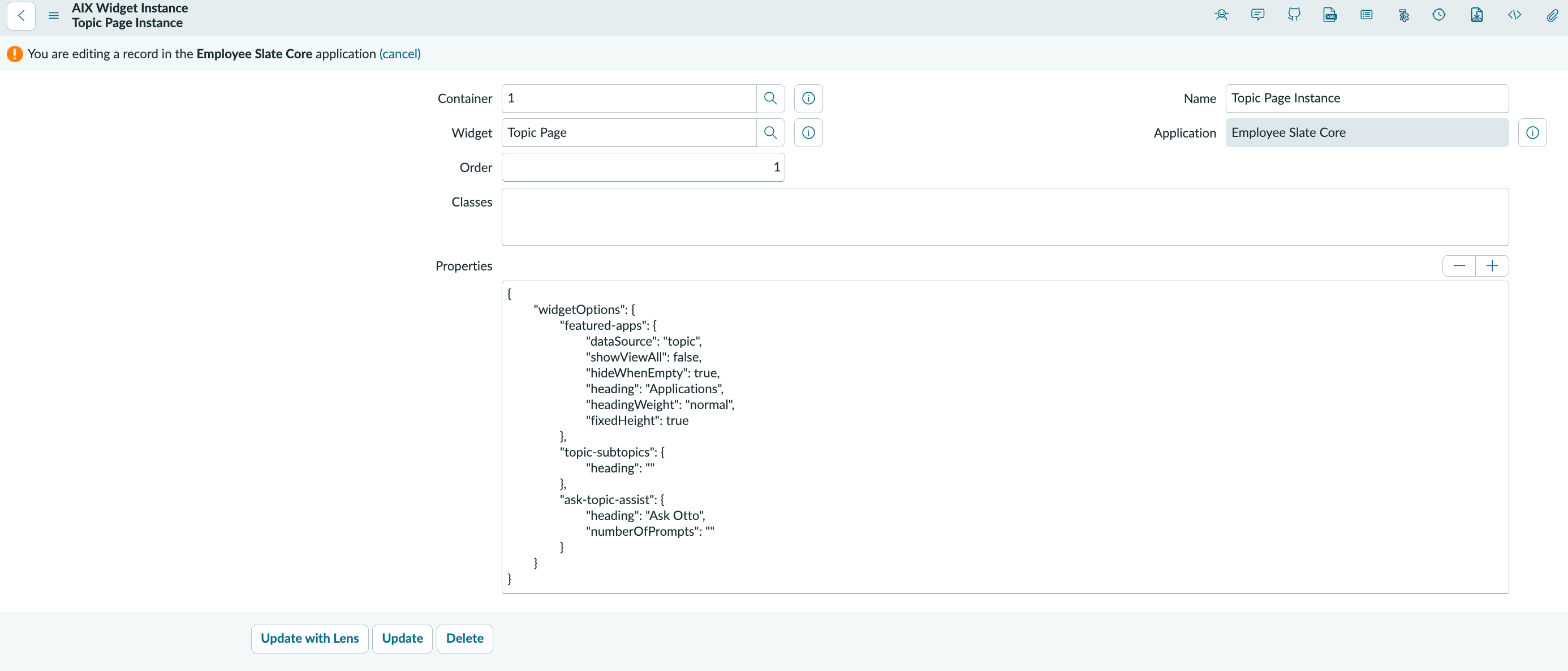 AIX Widget Instance record for the Topic Page Instance showing widgetOptions JSON with featured-apps, topic-subtopics, and ask-topic-assist sections.