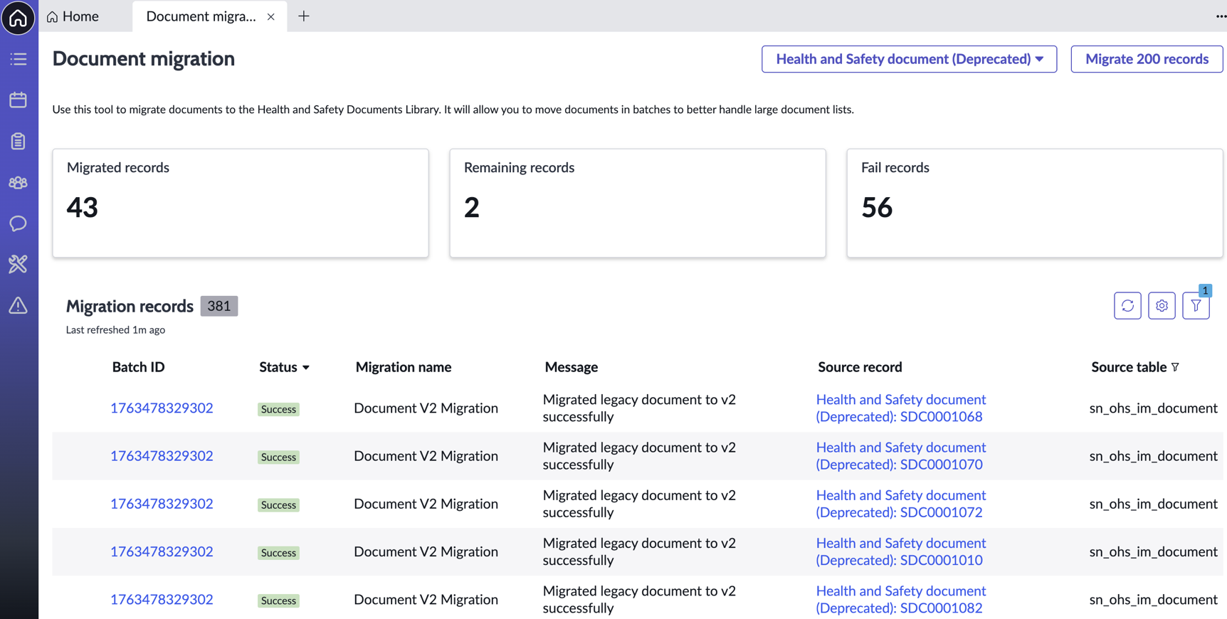 Health and Safety Document migration tool showing migration records, their migration status, and count of migrated, pending, and failed records.