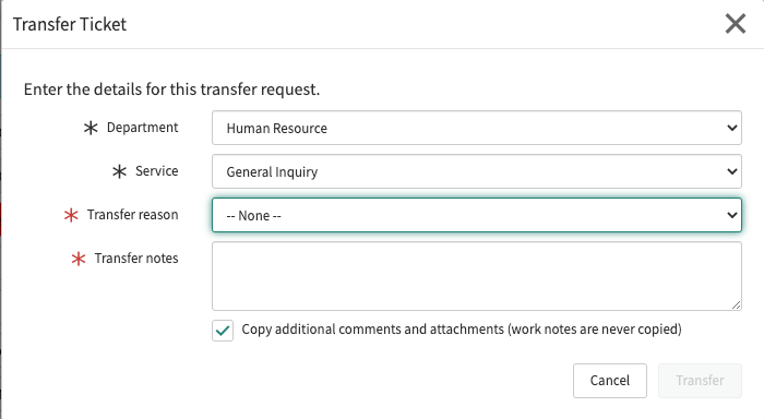 Transfer a ticket by selecting a route reason.