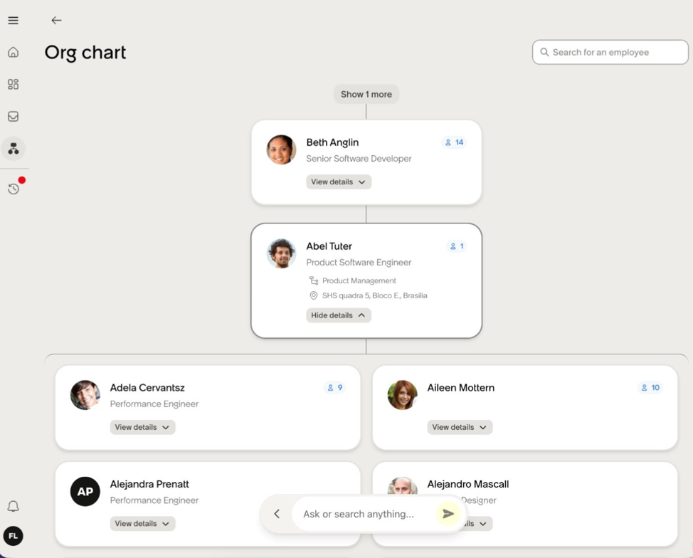 Employee org chart and team structure
