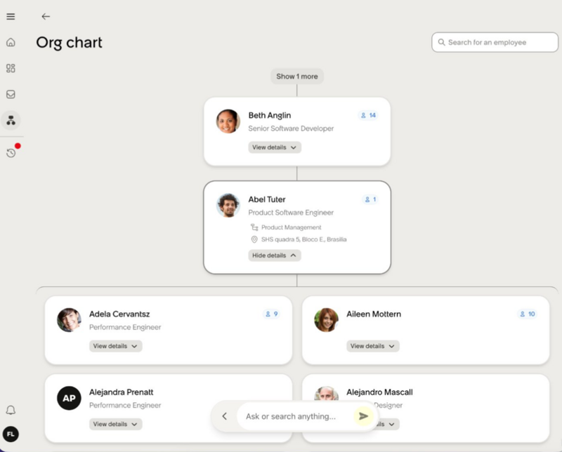 Employee org chart and team structure