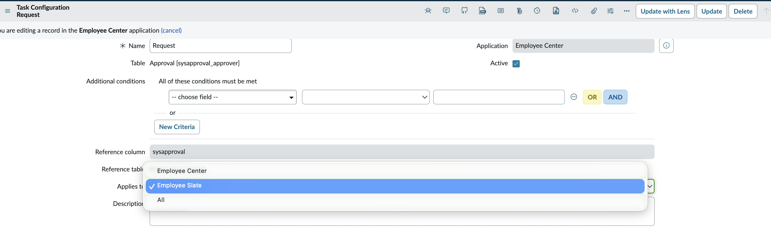 Task Configuration record with scope selection set to Employee Slate.