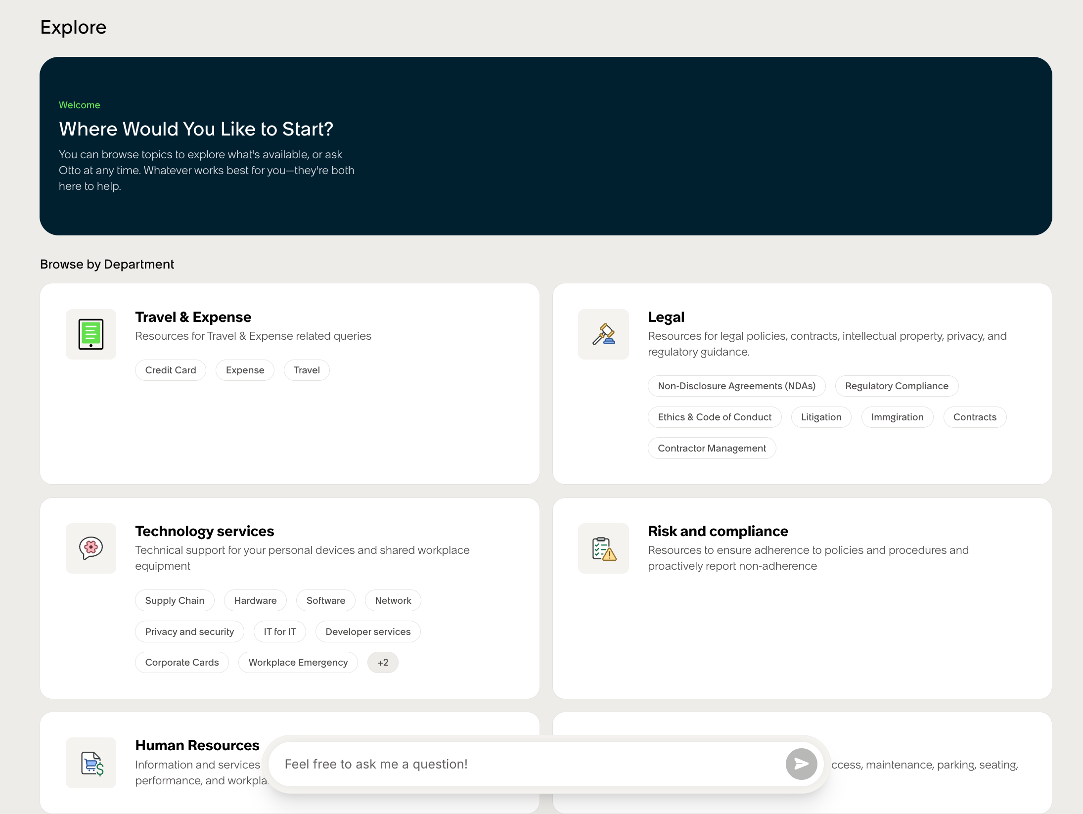 Explore landing page with Browse by Department cards for Travel and Expense, Legal, Technology services, and other topics.