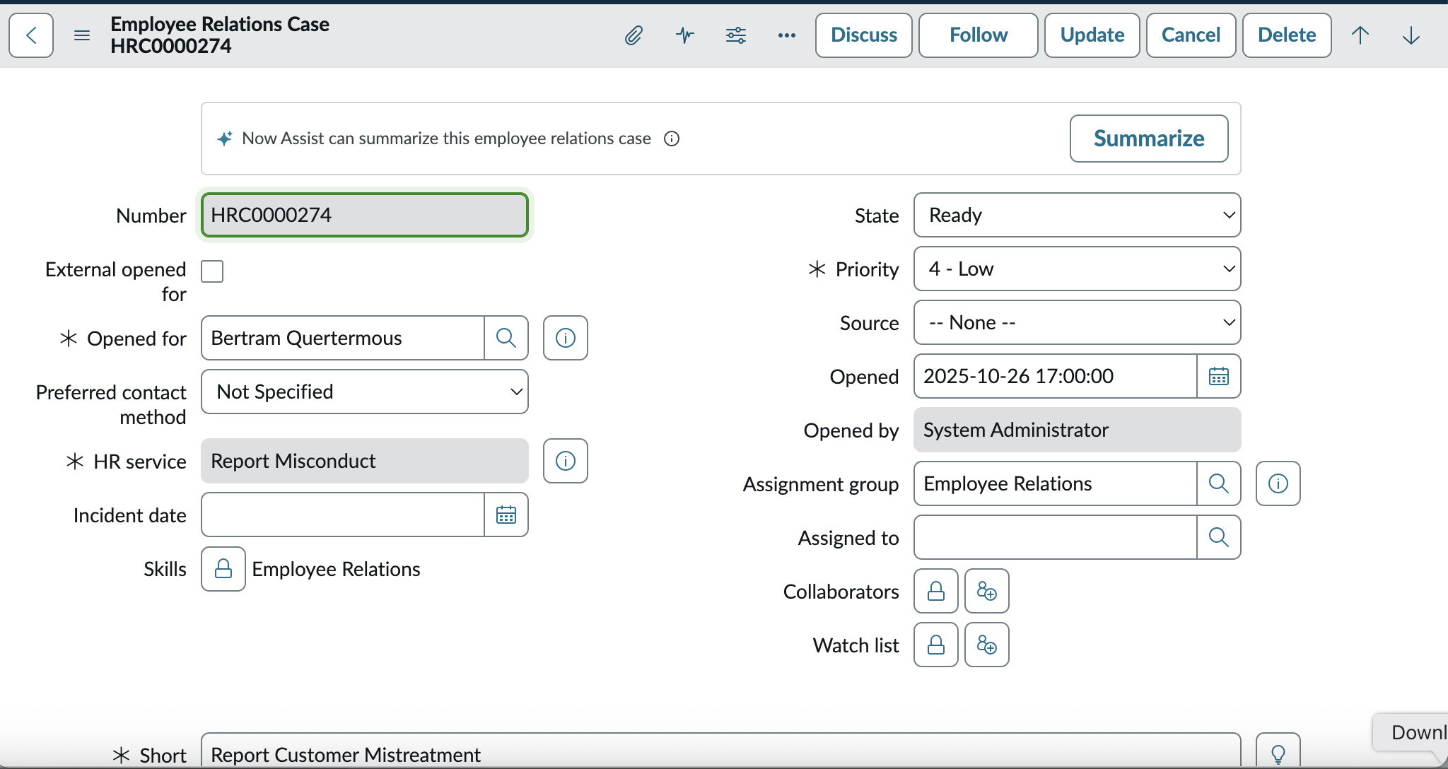 ER case summary on Core UI