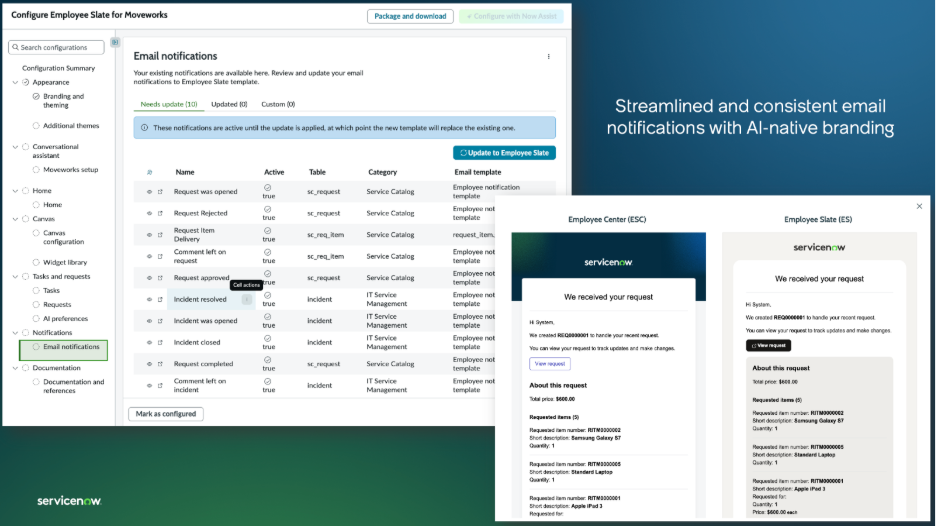 Email notifications page showing available notification templates with name, active status, table, category, and email template columns