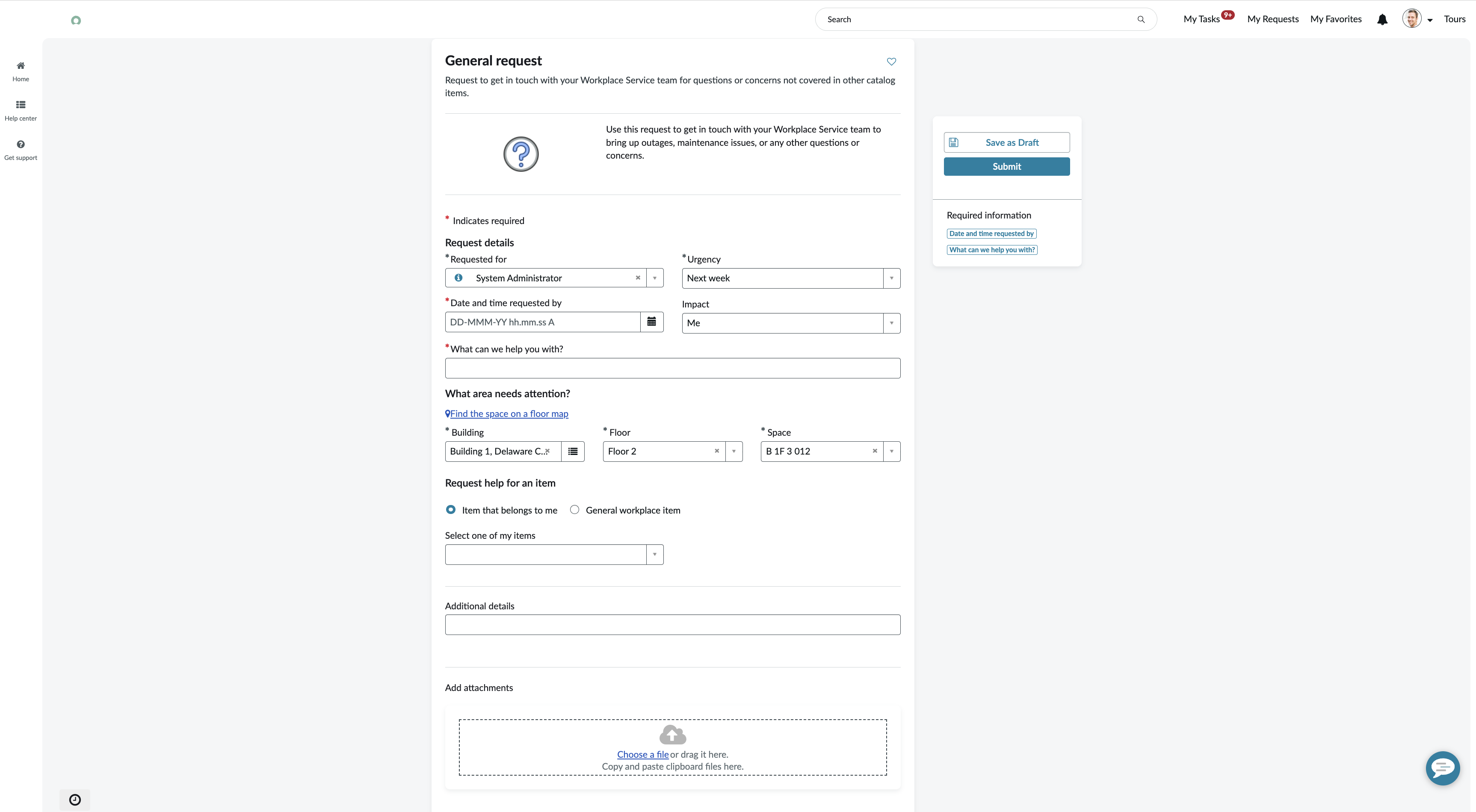 The workplace service 'General Enquiry' displayed as 'Submit a general request' in the Workplace Service Portal.