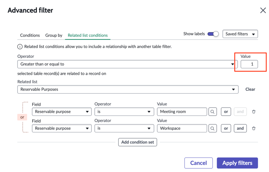 You can apply filtering on related tables using the Related list conditions tab.