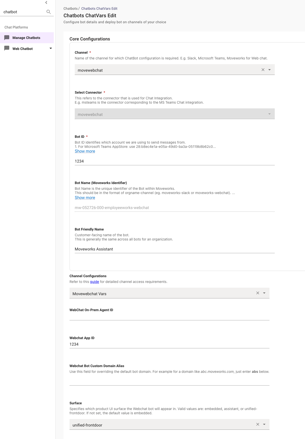 Chatbots ChatVars Edit page showing core configurations for the Moveworks chatbot including Channel, Bot ID, Bot Name, and Channel Configurations
