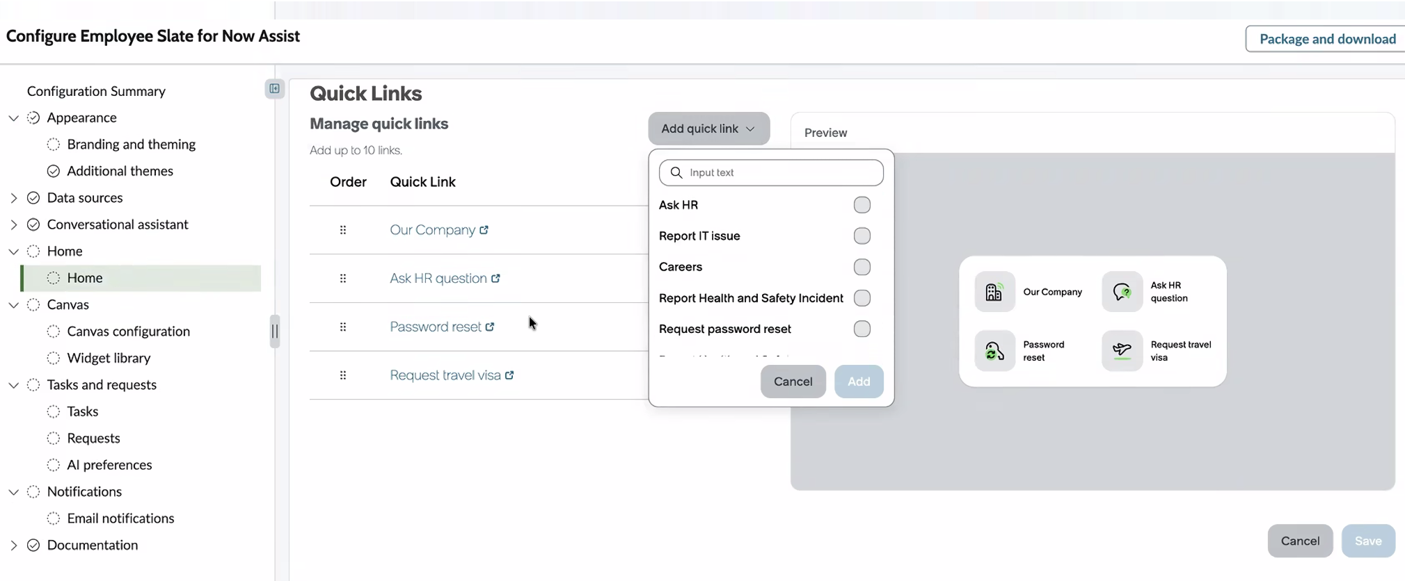 Add quick link in the Manage quick links page