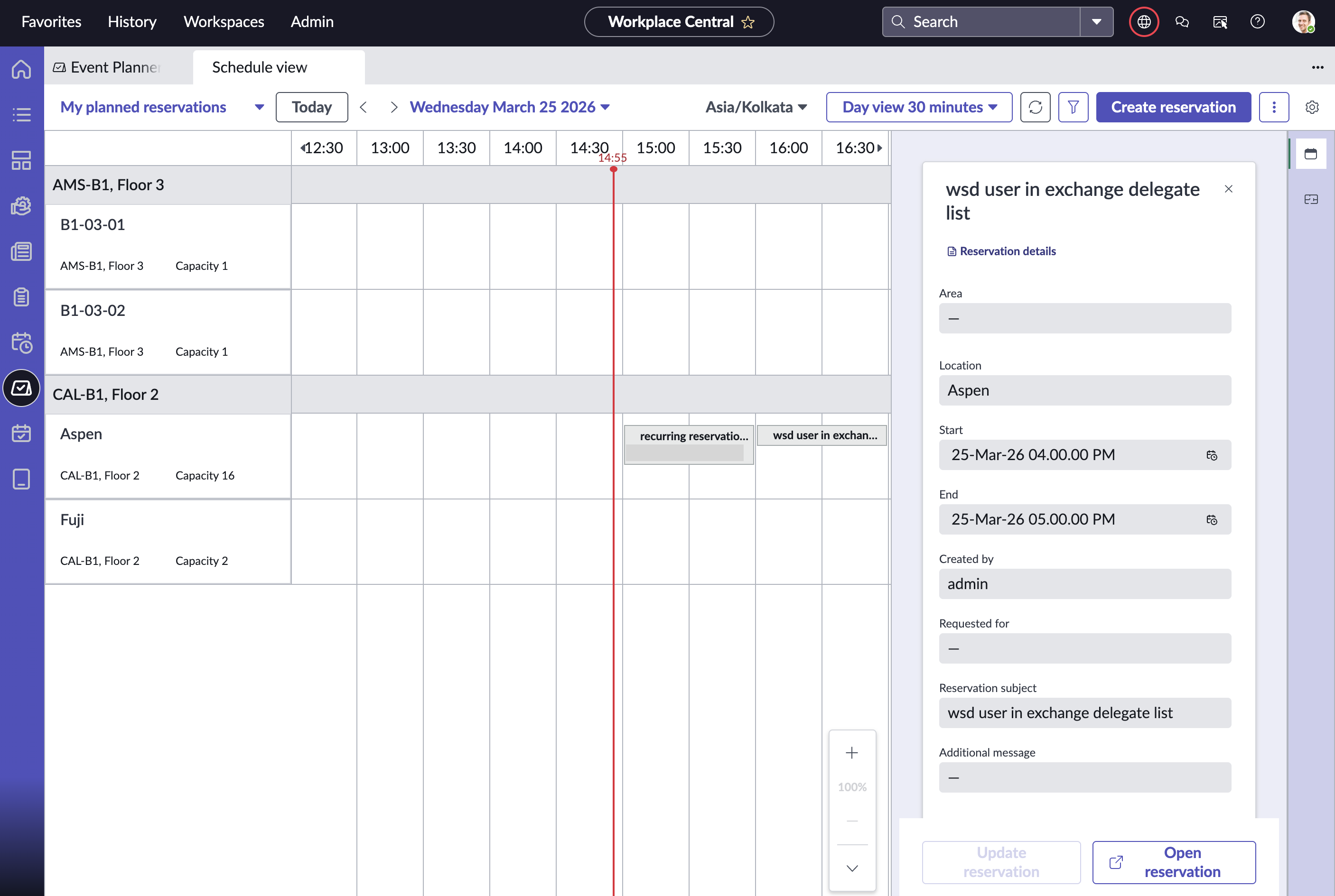 Update reservation contextual side-panel window to modify location, date, and time for a reservation.