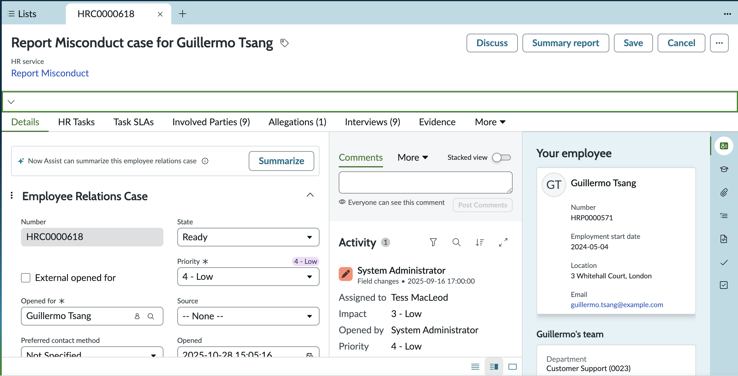 ER case summary on Agent Workspace for HR Case Management