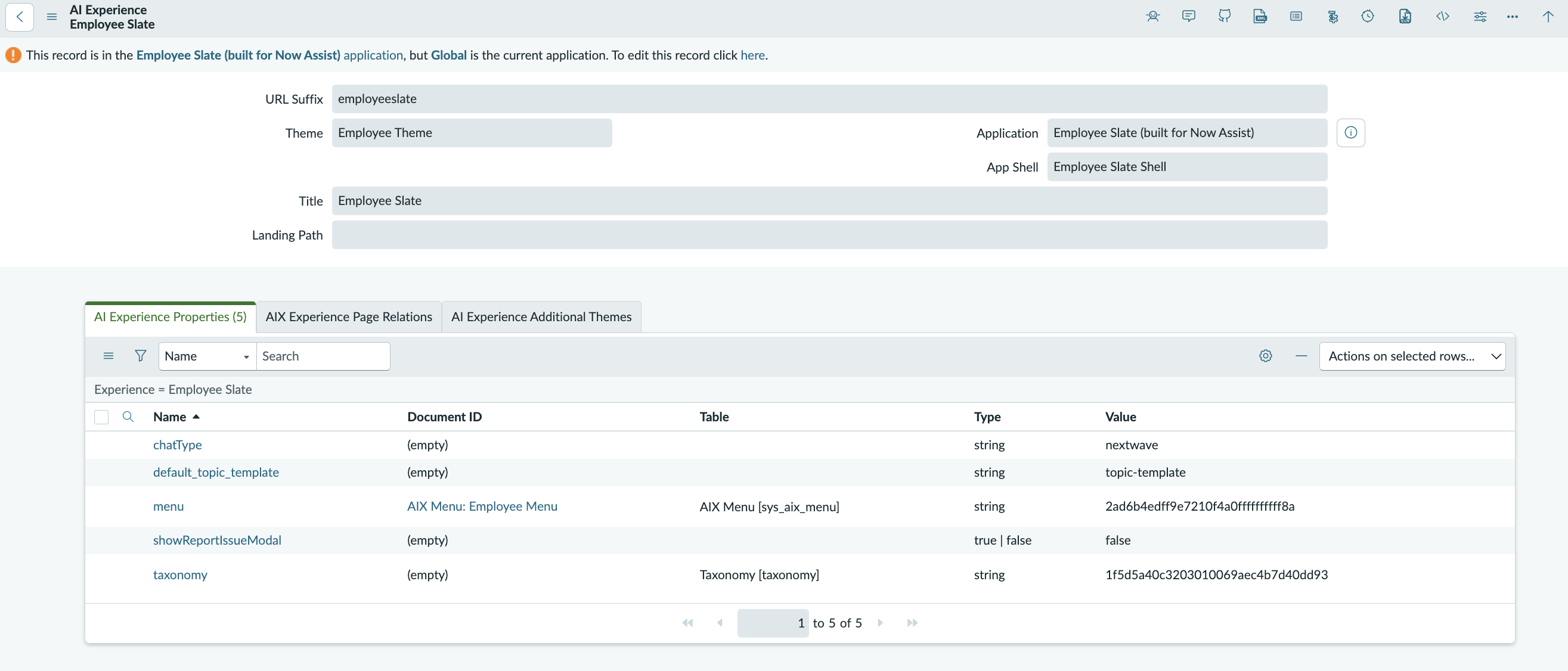 AI Experience record for Employee Slate showing AI Experience Properties related list with chatType, default_topic_template, menu, and taxonomy fields.