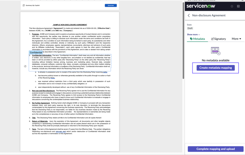 Create metadata mapping from ServiceNow Contracts add-in