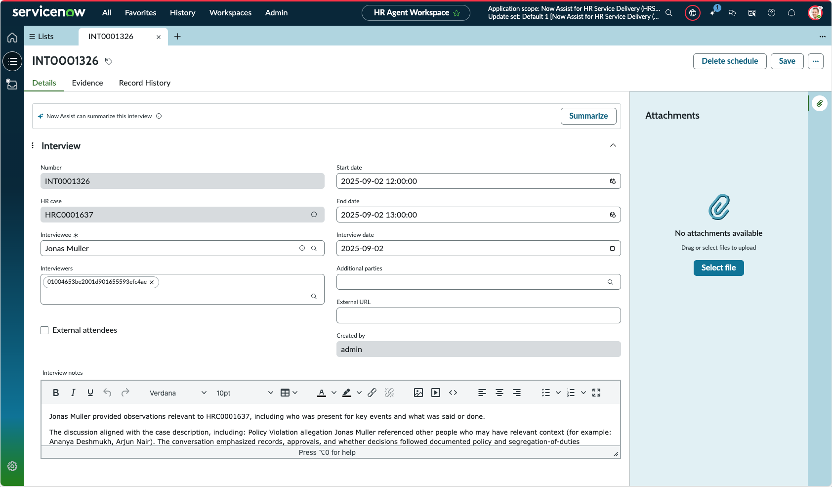 ER interview summary in HR Agent Workspace