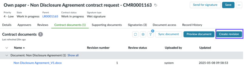 Create a contract revision in contract request