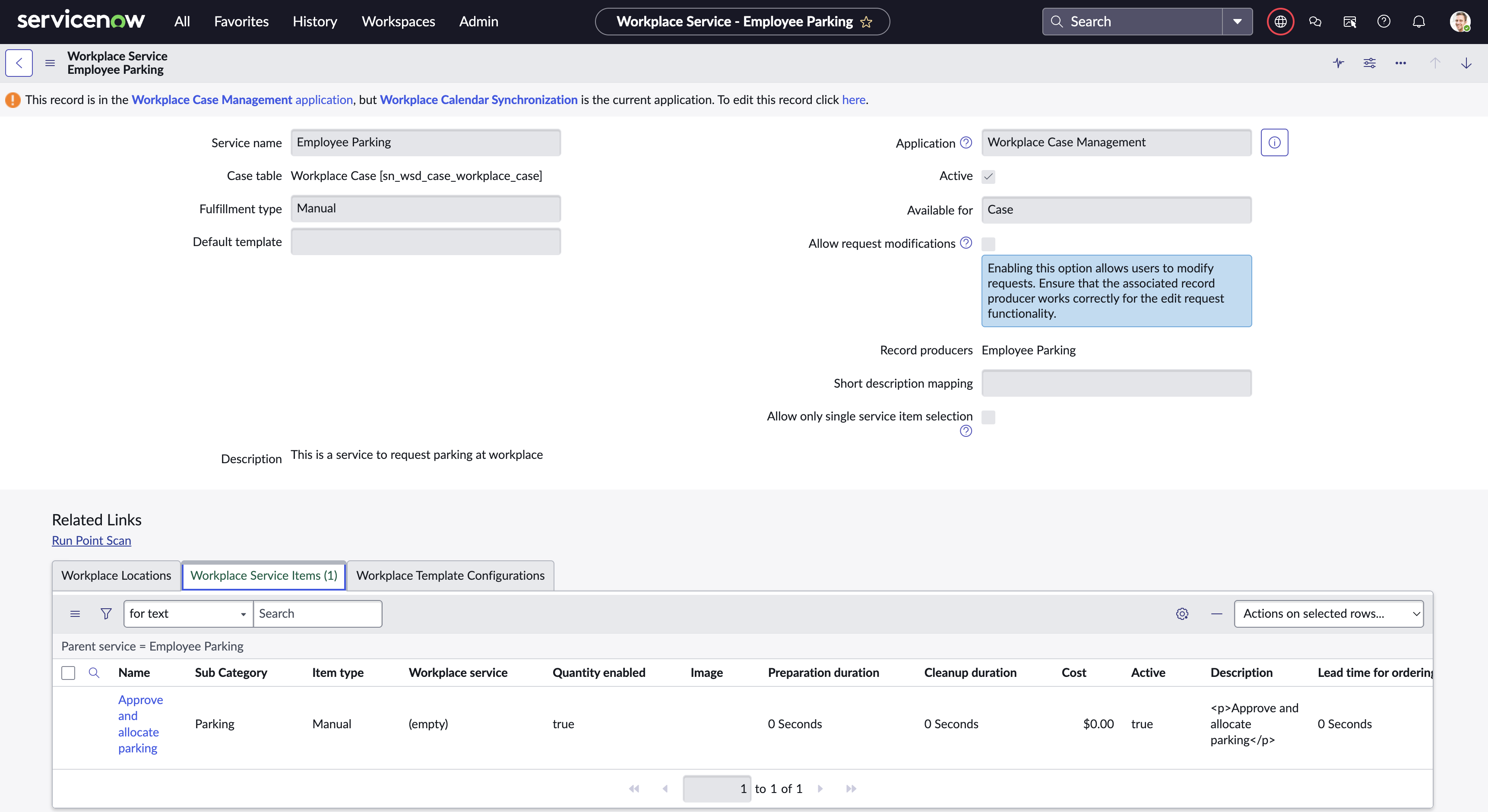 Workplace service items added with 'Request Furniture' workplace service.