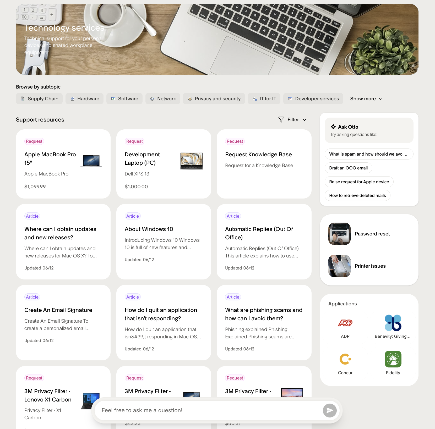 Browse experience with topic pages, support resource cards, and the Ask Otto panel showing four suggested conversation prompts.