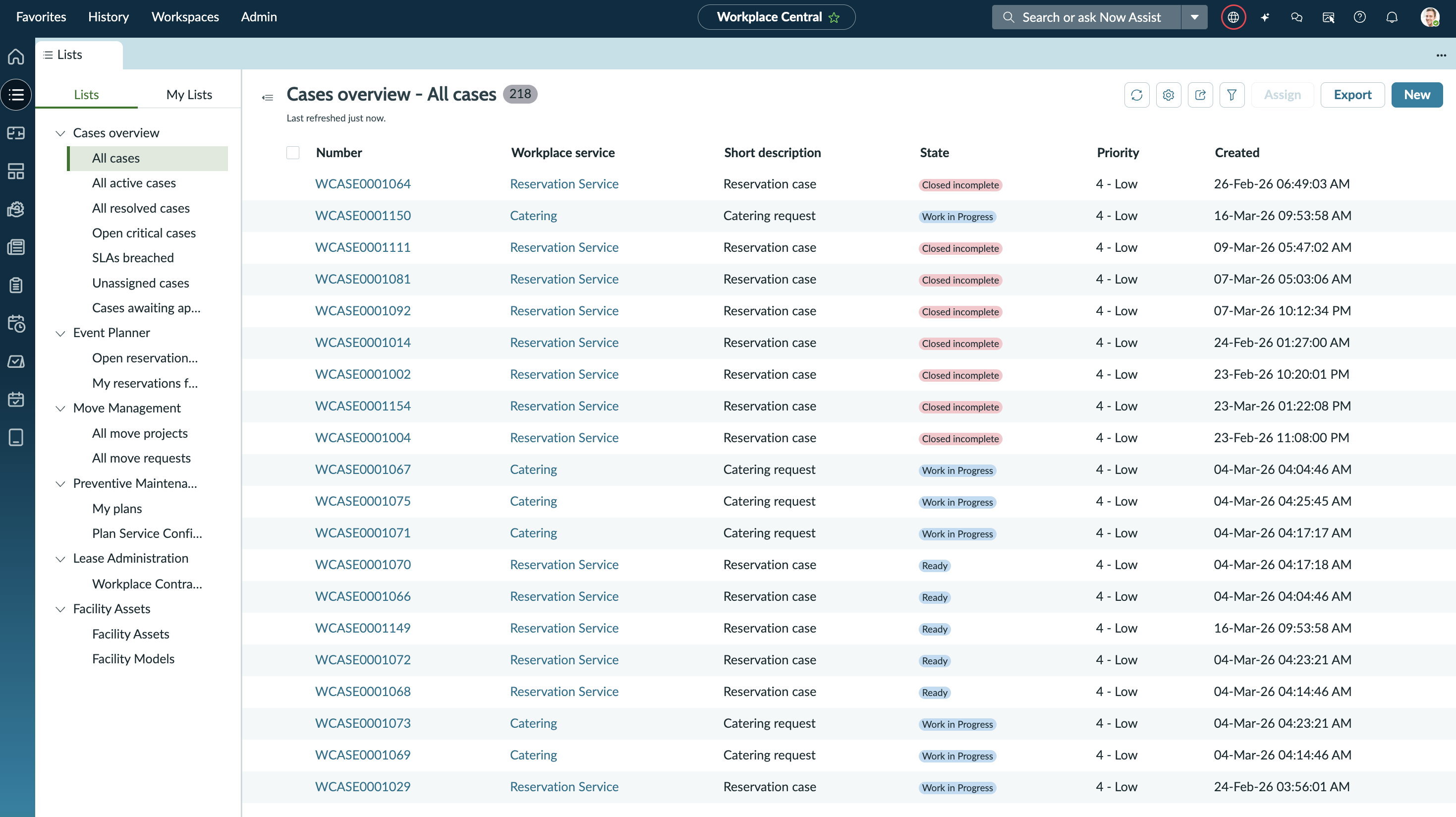 Workplace Central lists dashboard with the Cases Overview - All Cases list selected.