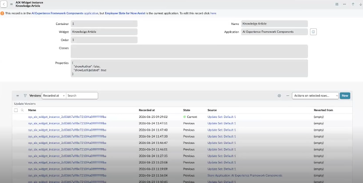 AIX Widget Instance record showing Knowledge Article properties with showAuthor and showLastUpdated settings