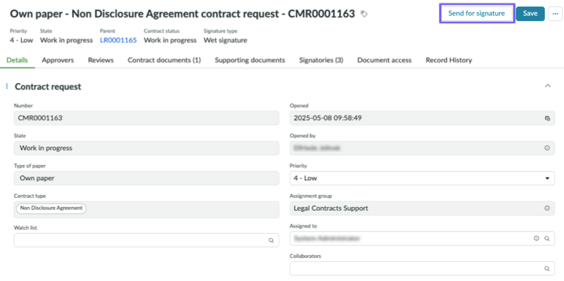 Send for signature button in a contract request
