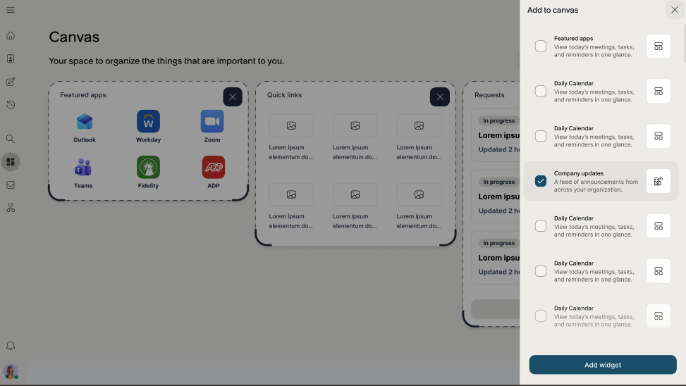 Add to canvas panel showing Company updates widget selected among available widget options