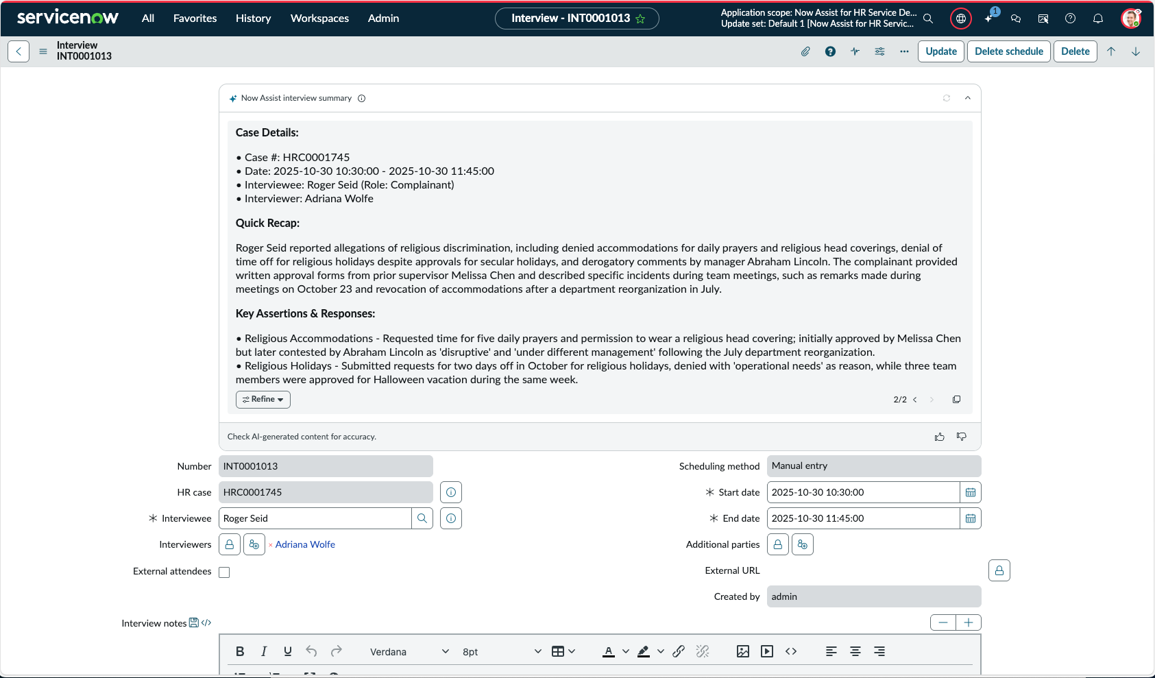 ER interview summary in Core UI