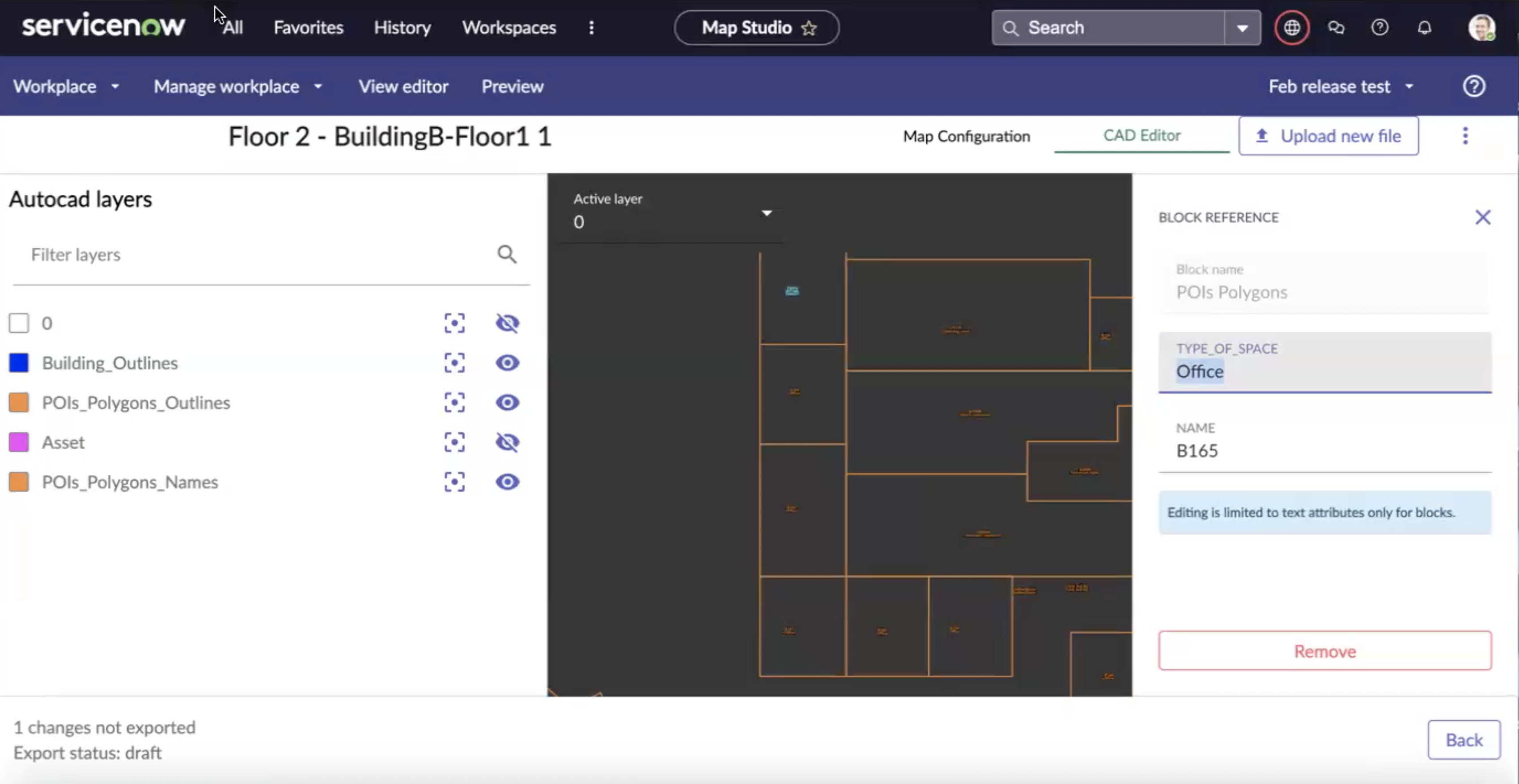 Block Reference edit panel showing the type of space and name attributes.