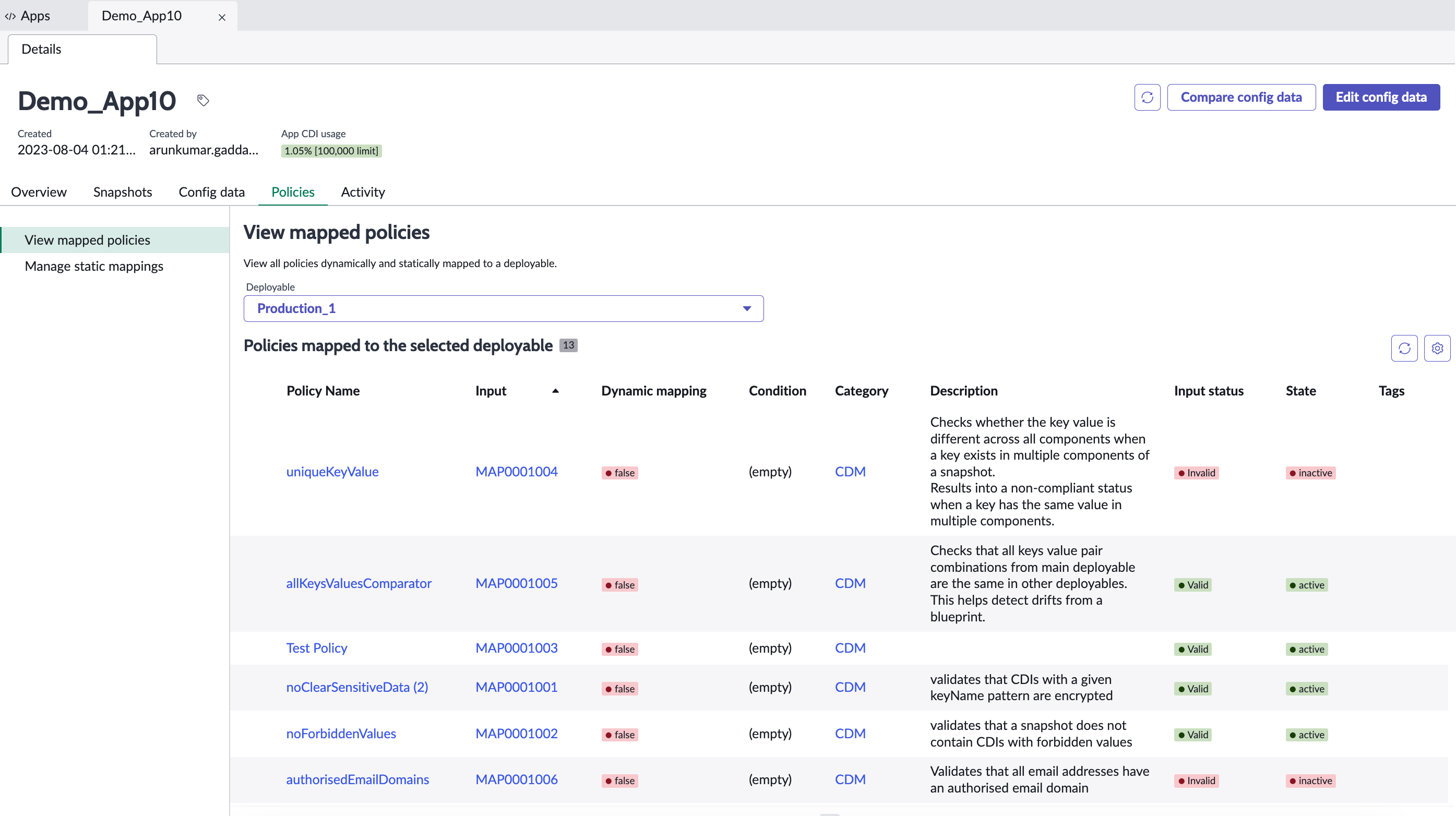 Policies tab on the Application form to view all mappings and manage static mappings.