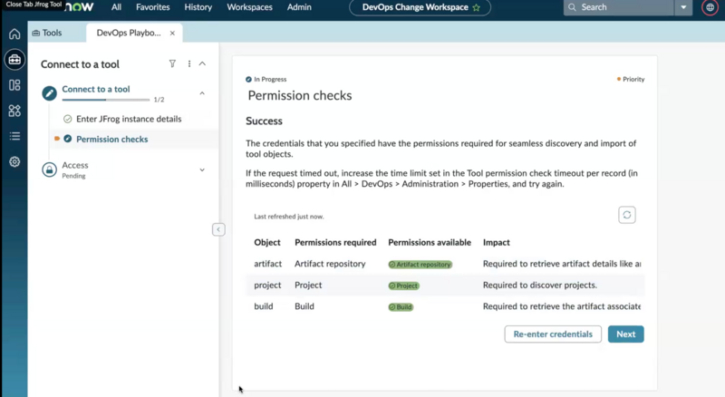 Connect to JFrog tool - Permission checks screen