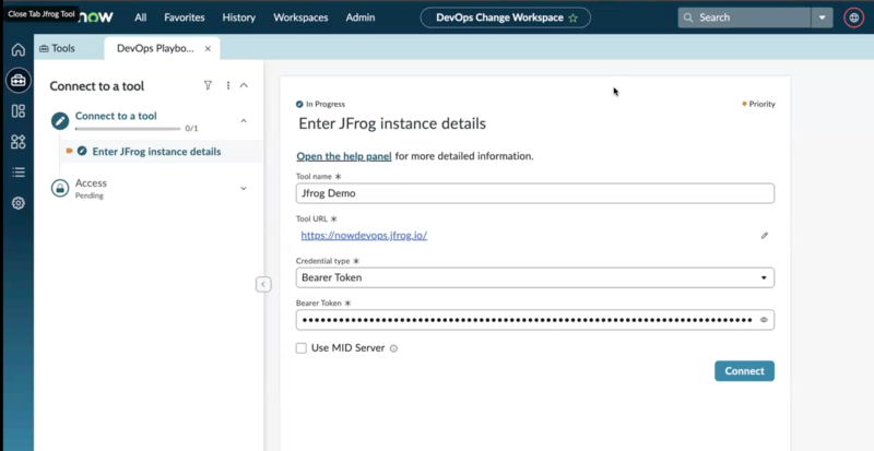 Connect to the JFrog tool - Enter instance details screen