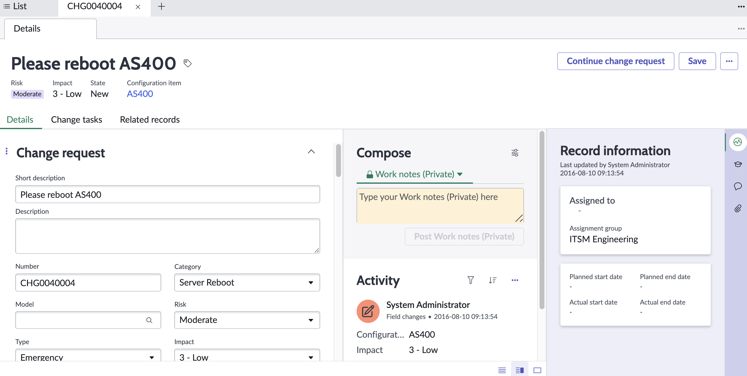 Change record in Service Operations Workspace