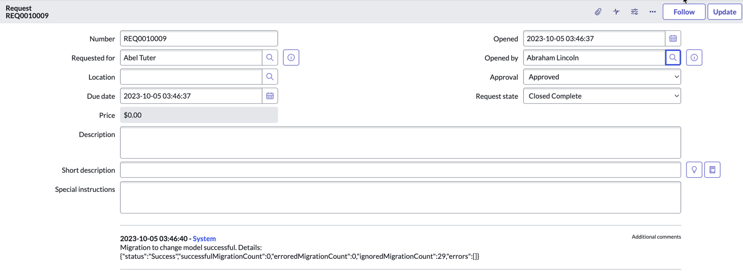 Migration successful comment in request record