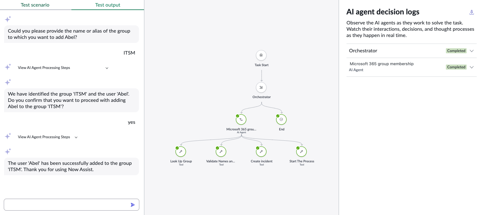 Microsoft 365 group members agentic workflow output.