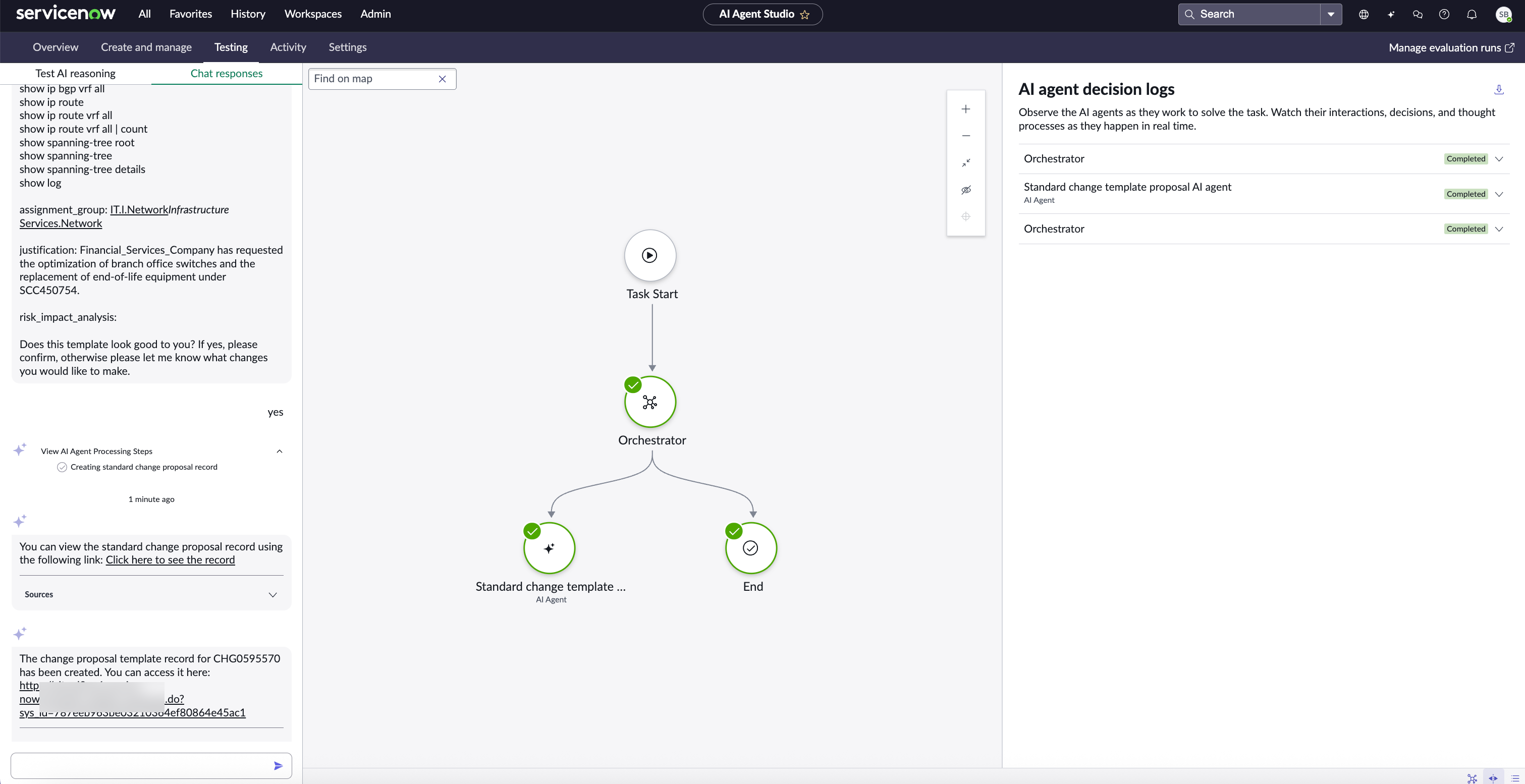 Create standard change template proposal agentic workflow output in ServiceNowAI Agent Studio.