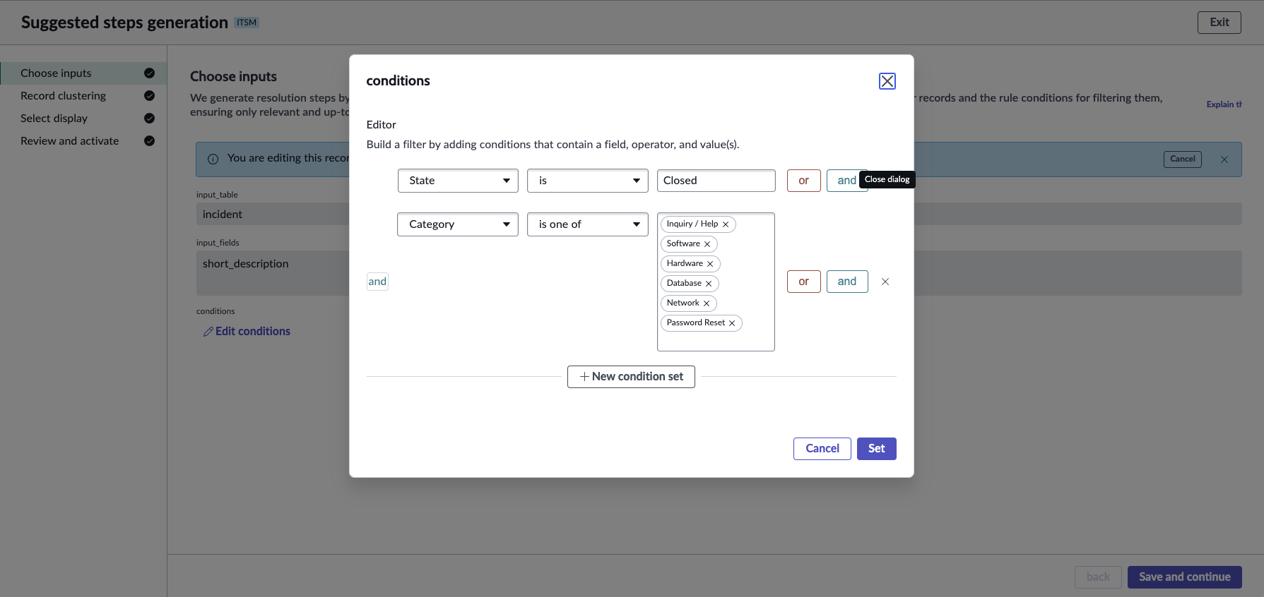 Suggested steps edit conditions screen