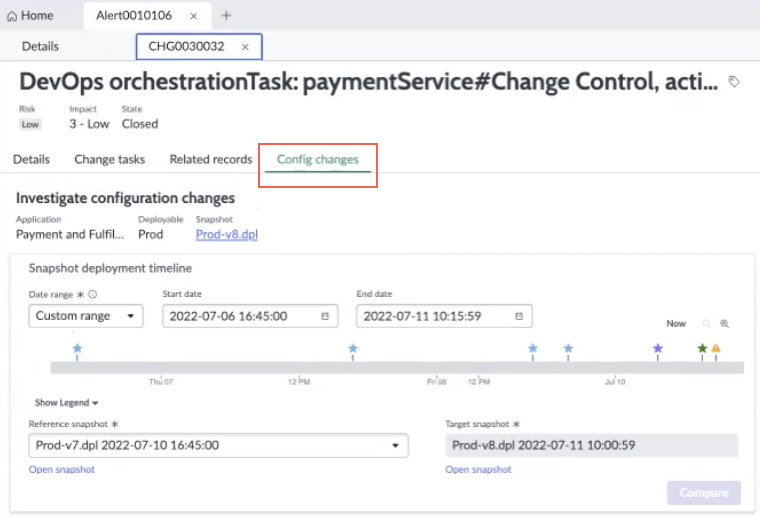 View the timeline of released snapshots on the Config changes tab