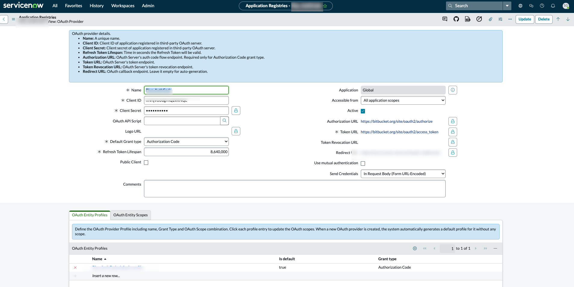 Application Registry form for Bitbucket OAuth credential