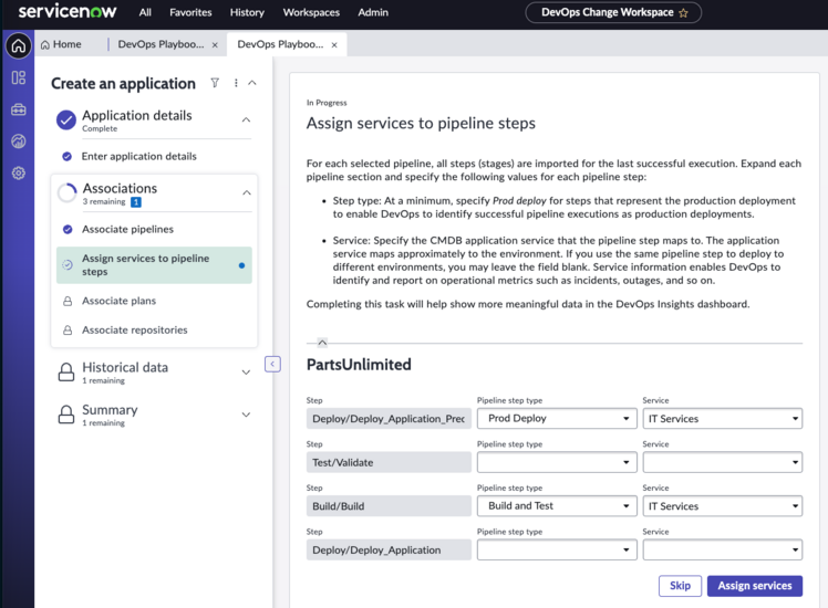 Assign services to pipeline steps.