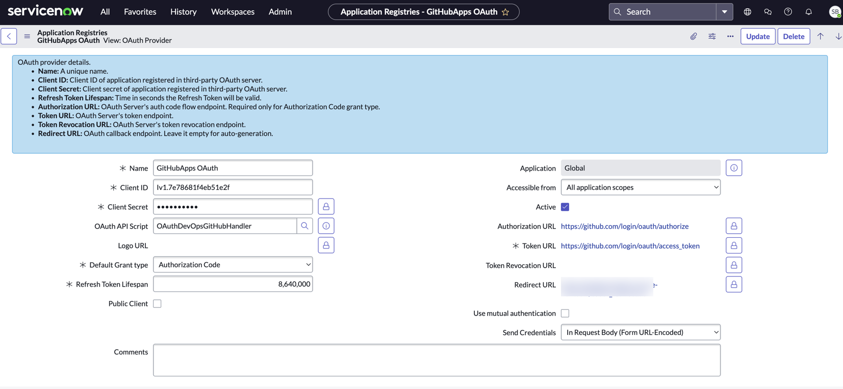 Application Registry form