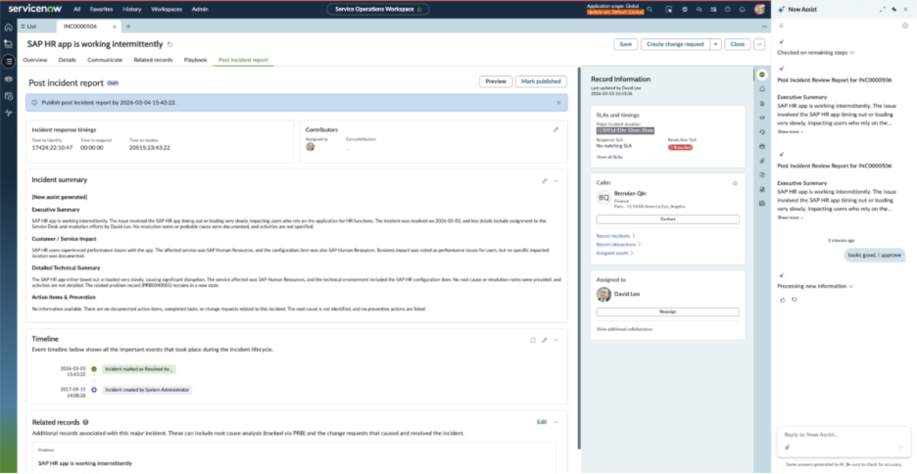 Post Incident Workflow in Now Assist panel in Service Operations Workspace