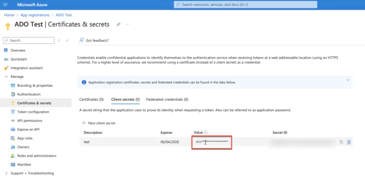 Certificates & secrets section for an ADO app