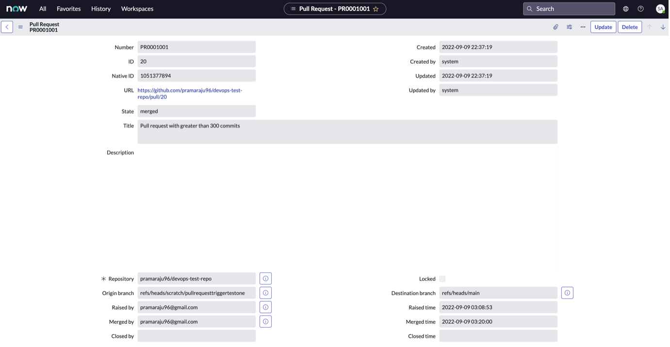 Pull request details associated with a change record for a Jenkins pipeline