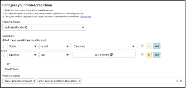 UI of the prediction table with its conditions and the prediction fields.