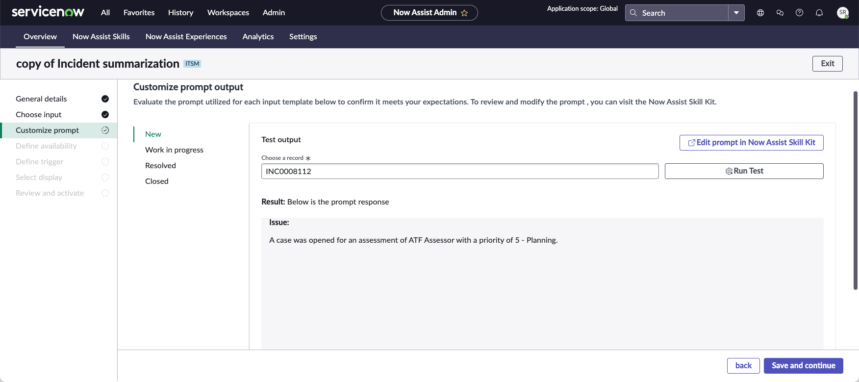Customize prompt screen that shows the input template states and the Edit prompt button to modify prompts in the Now Assist skill kit.