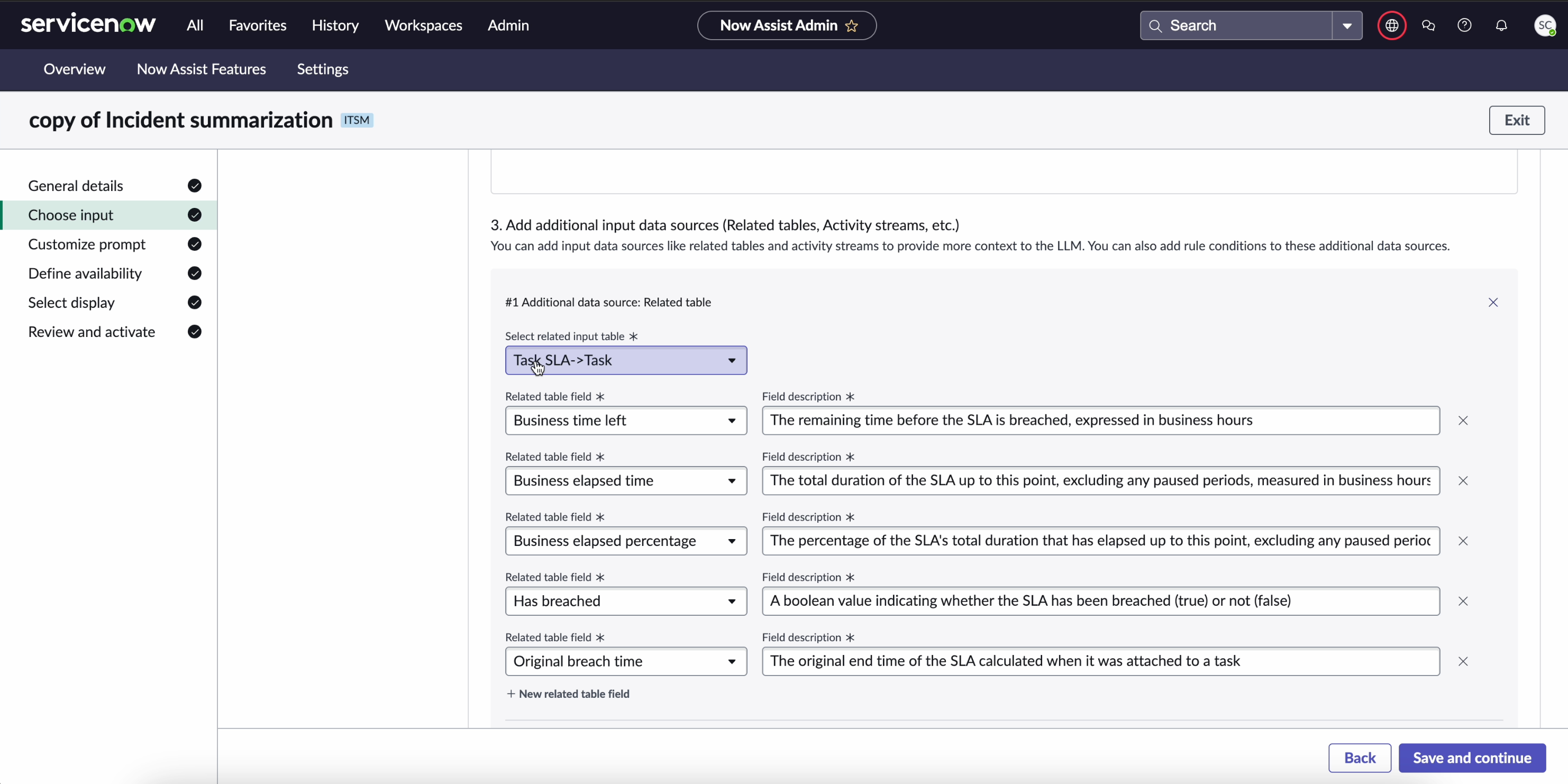 Choose additional input data screen that contains the input tables and fields to define the prompt.