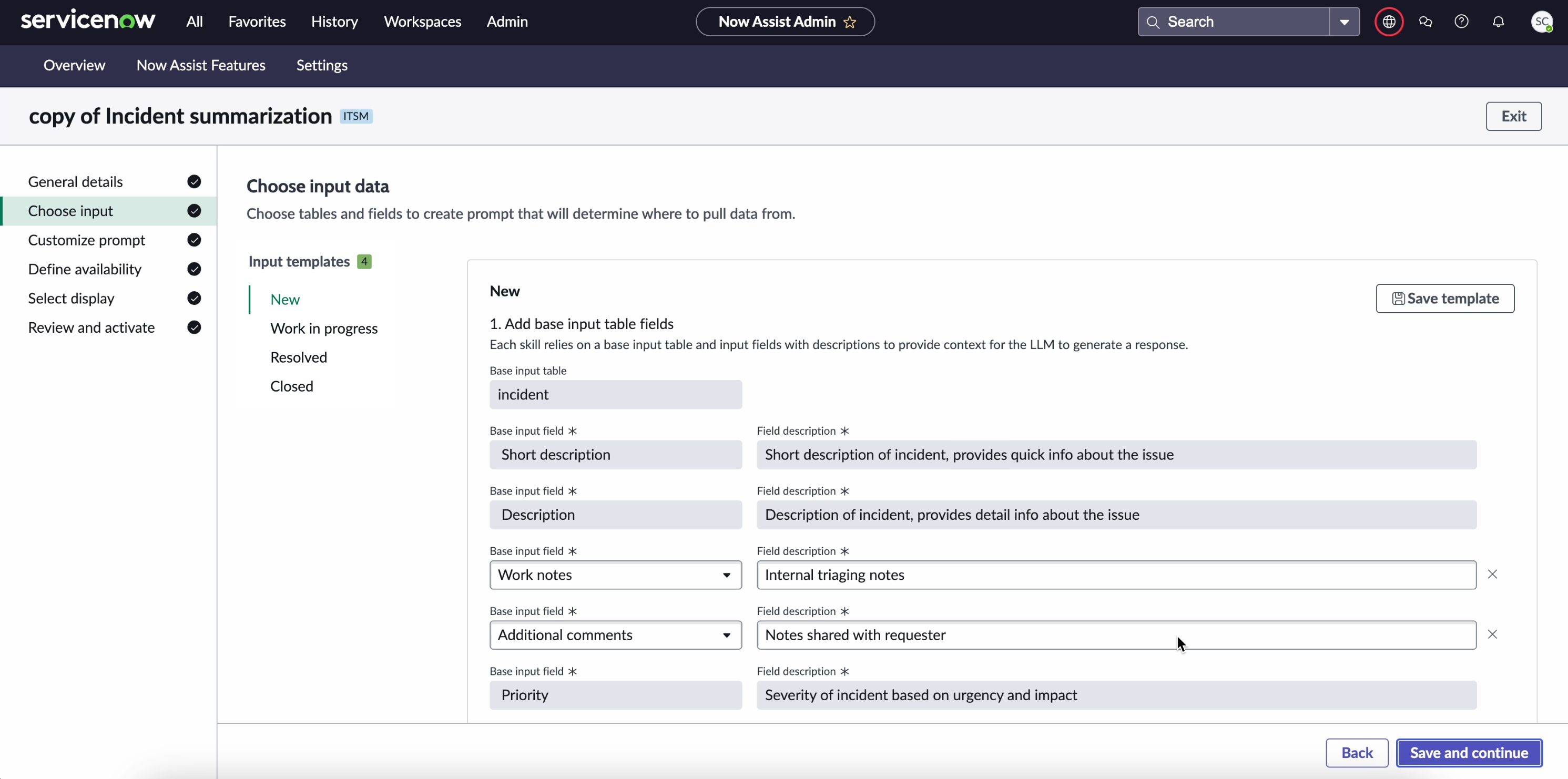 Choose input data screen that contains the input tables and fields to define the prompt.